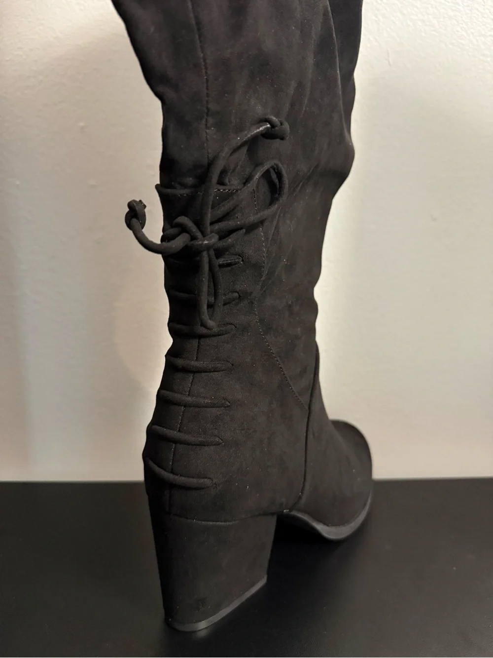 Journee Leeda Black Suede Over-The-Knee Lace-Back Block Heel Boots 8.5 Xtra Wide
